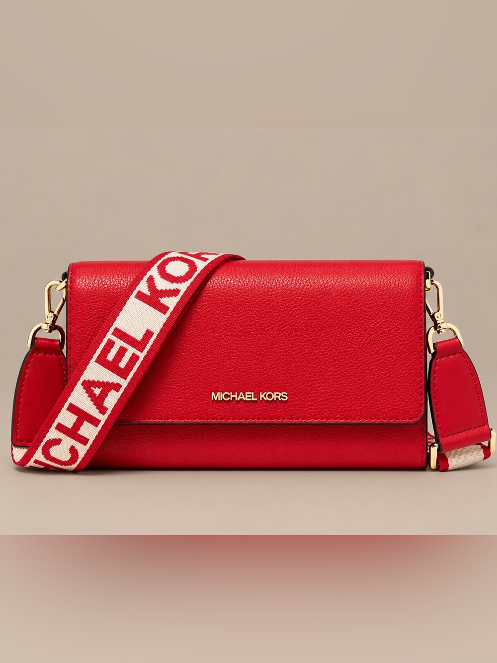 Michael Kors Jet Set Red Leather Logo Strap Crossbody Bag
